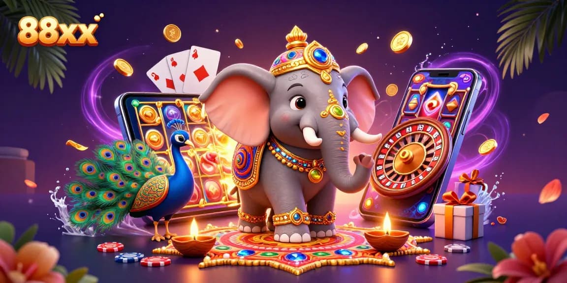 Experience the thrilling world of 88xx as vibrant elephants and peacocks animate a magical casino scene.