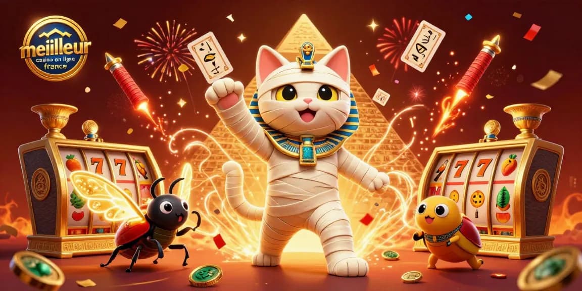 Profitez des jeux au meilleur casino en ligne France avec une illustration captivante d'un chat momie égyptien.