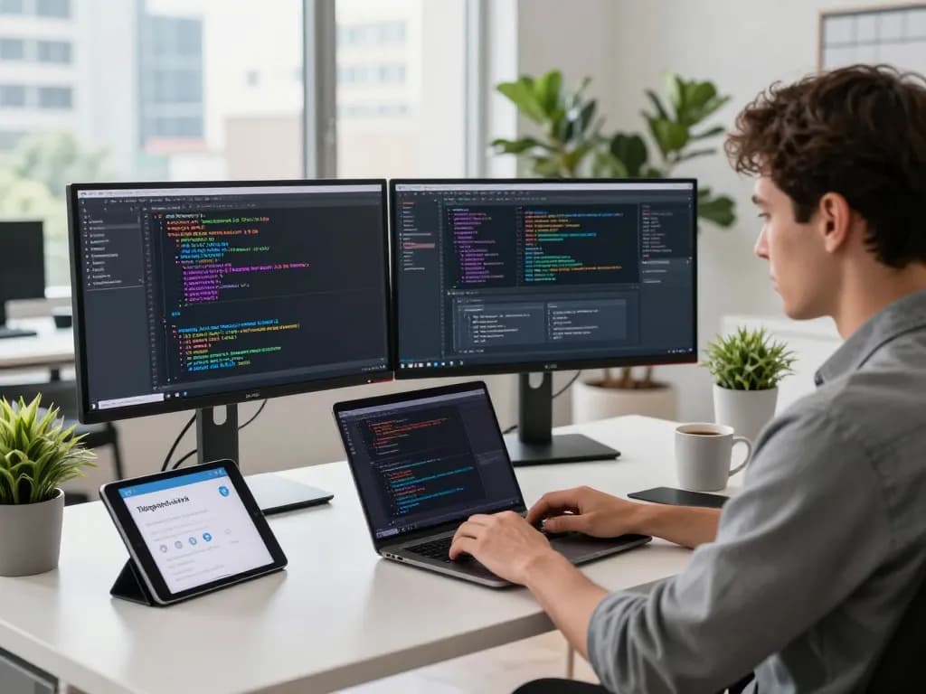 Developer enhancing telegram 中文 experience in a modern office.