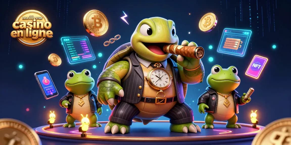 Jouez au meilleur casino en ligne avec des personnages de tortue et grenouille illustrant l'univers lumineux des jeux d'argent.