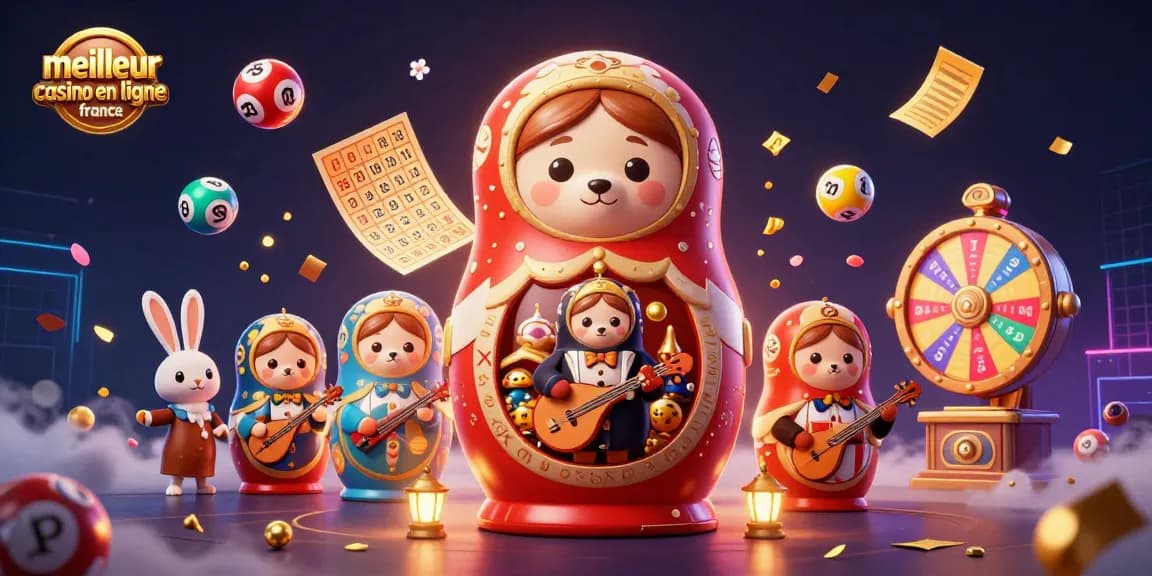 L'image présente le meilleur casino en ligne en France, illustrant des ours Matryoshka parés de tenues de croupiers, entourés d'éléments de jeu.