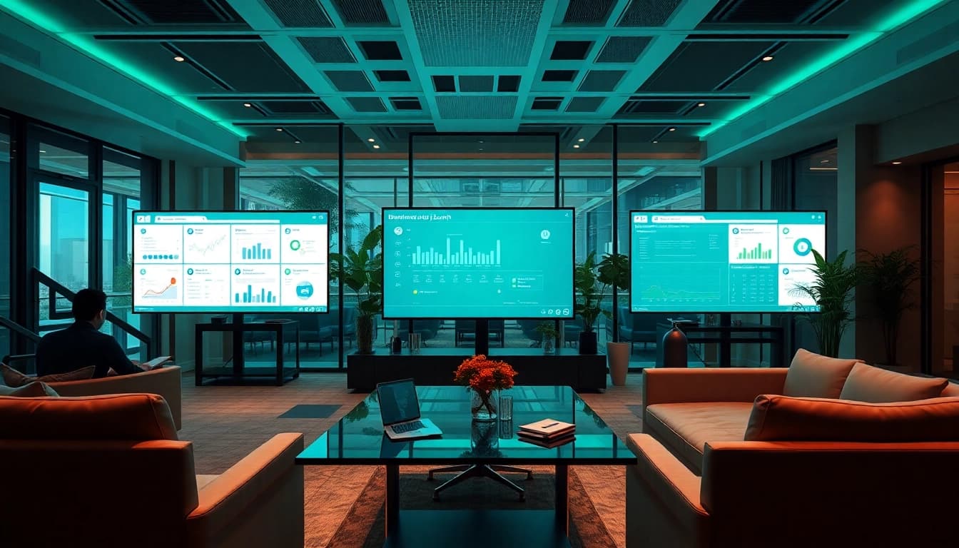 Showcase of enterprise search platforms in an interactive digital workspace highlighting professional collaboration.