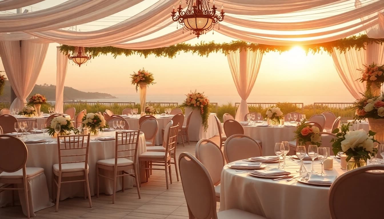 Set up for Wedding Rentals featuring elegantly decorated tables and chairs adorned with flowers.