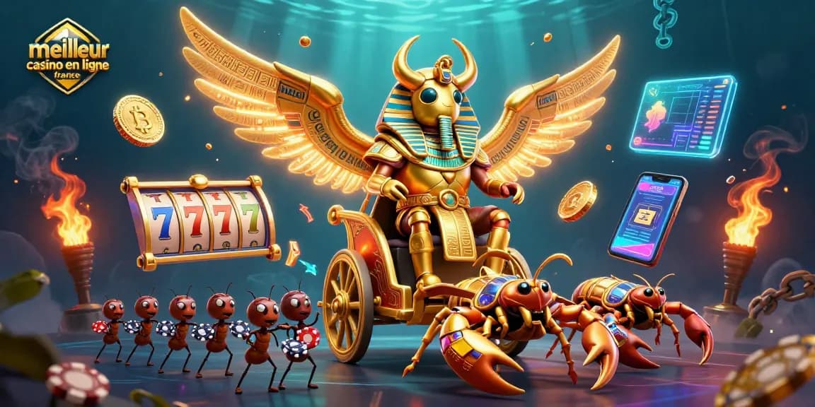 Jeu captivant au meilleur casino en ligne France avec un scarabée doré et des scorpions.