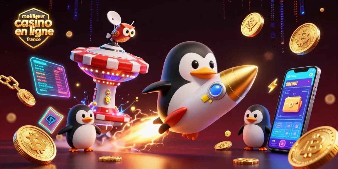 Recevez des gains au meilleur casino en ligne France avec un pingouin doré propulsé par fusée en pleine action.