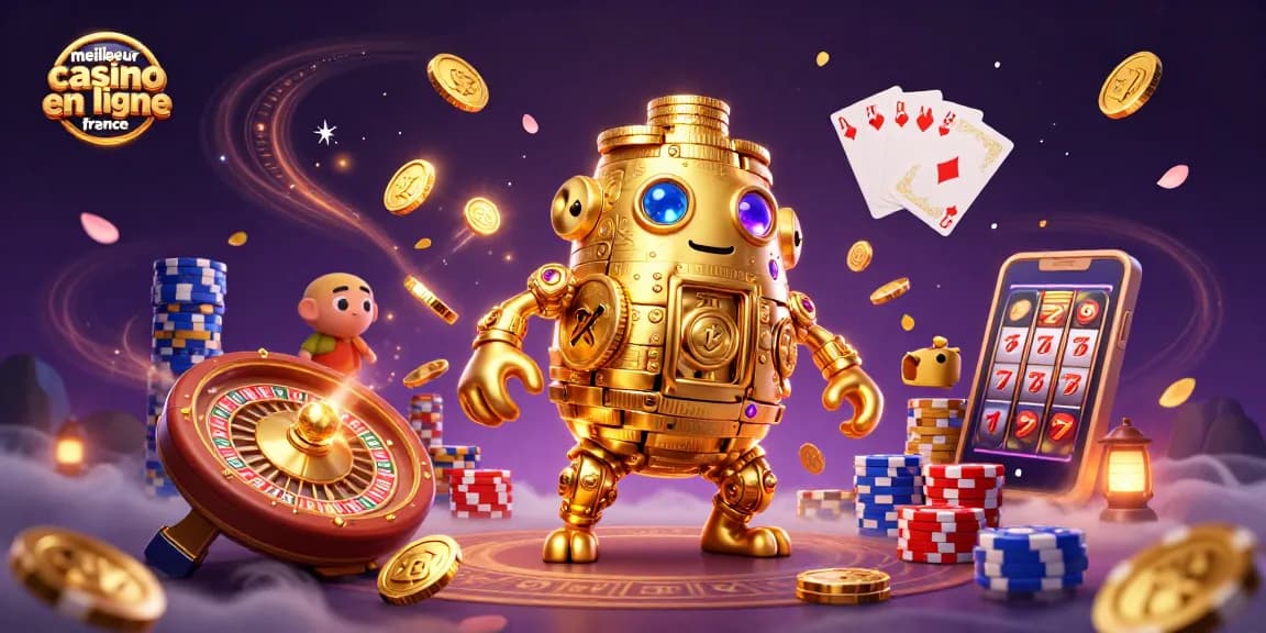 Éprouvez les frissons du meilleur casino en ligne France avec des symboles de machines à sous et des piles de jetons colorés.