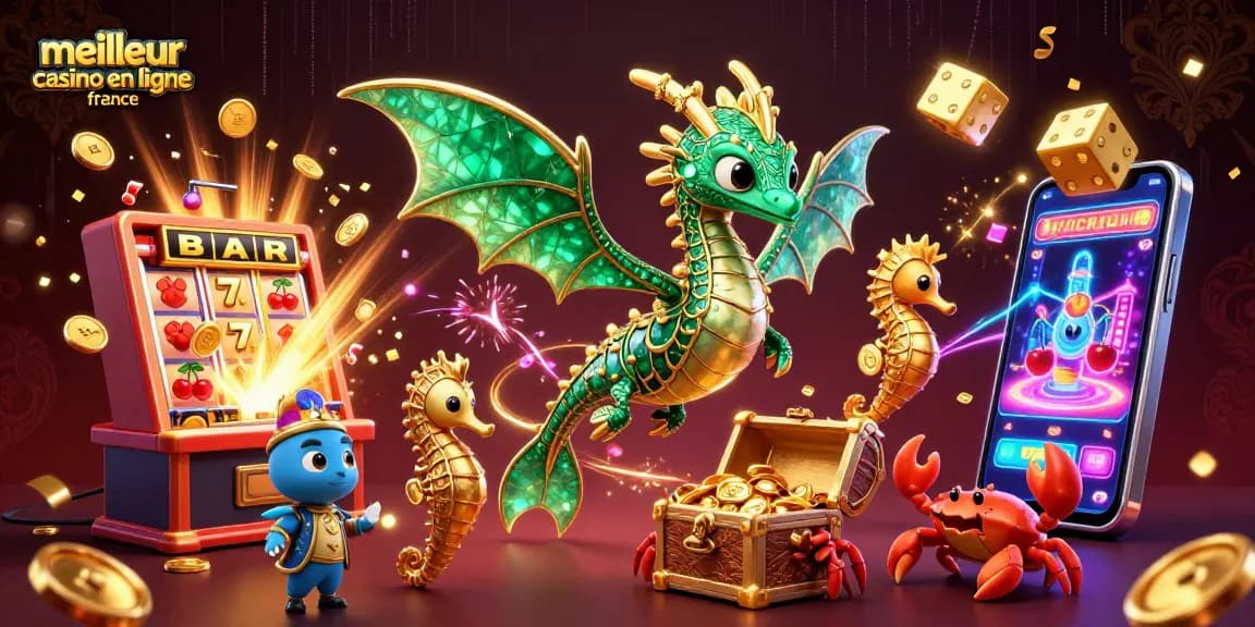 Jouez aux meilleurs jeux sur le meilleur casino en ligne France avec une illustration de dragon de mer et des éléments de casino.