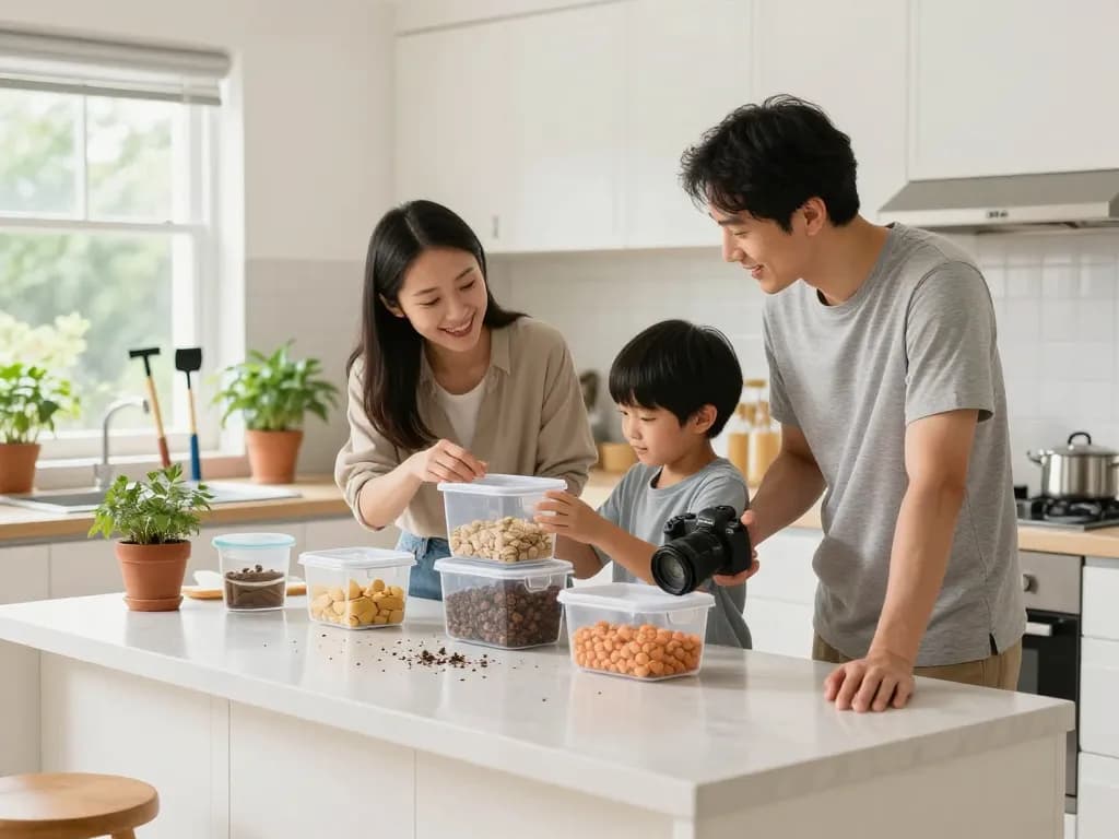 Pest prevention family activities in a clean kitchen, teaching food storage and home checks.