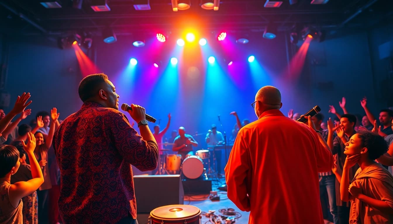 Experience the excitement of a kora live concert with musicians and a vibrant audience.