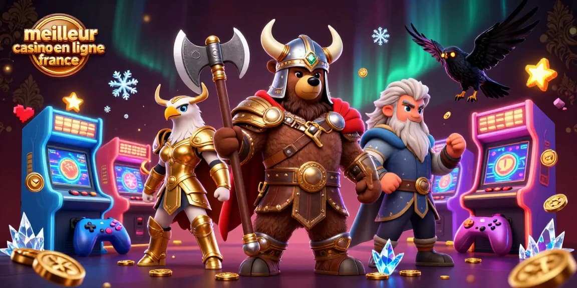 Illustration colorée représentant le meilleur casino en ligne France avec un ours viking et une aigle valkyrie.