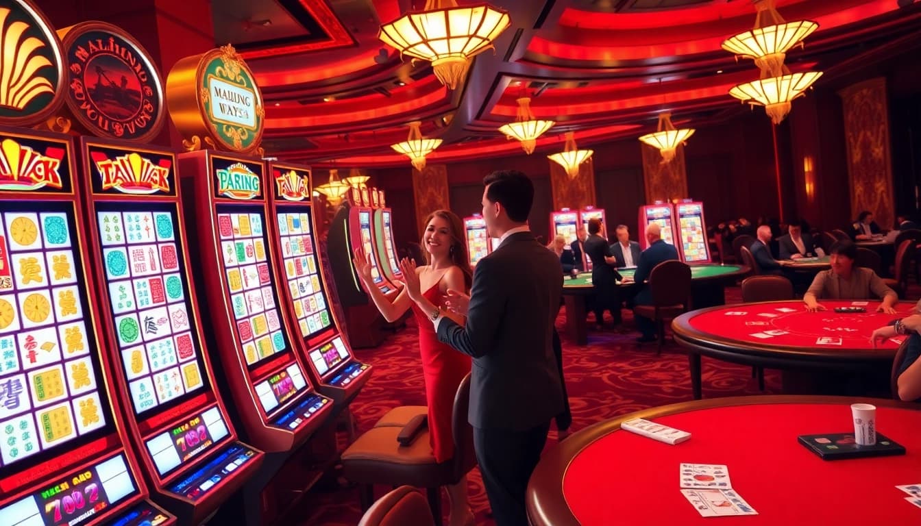 Experience the thrill of Mahjong Ways 2 with vibrant slot machines inviting players to win big in a glamorous casino setting.