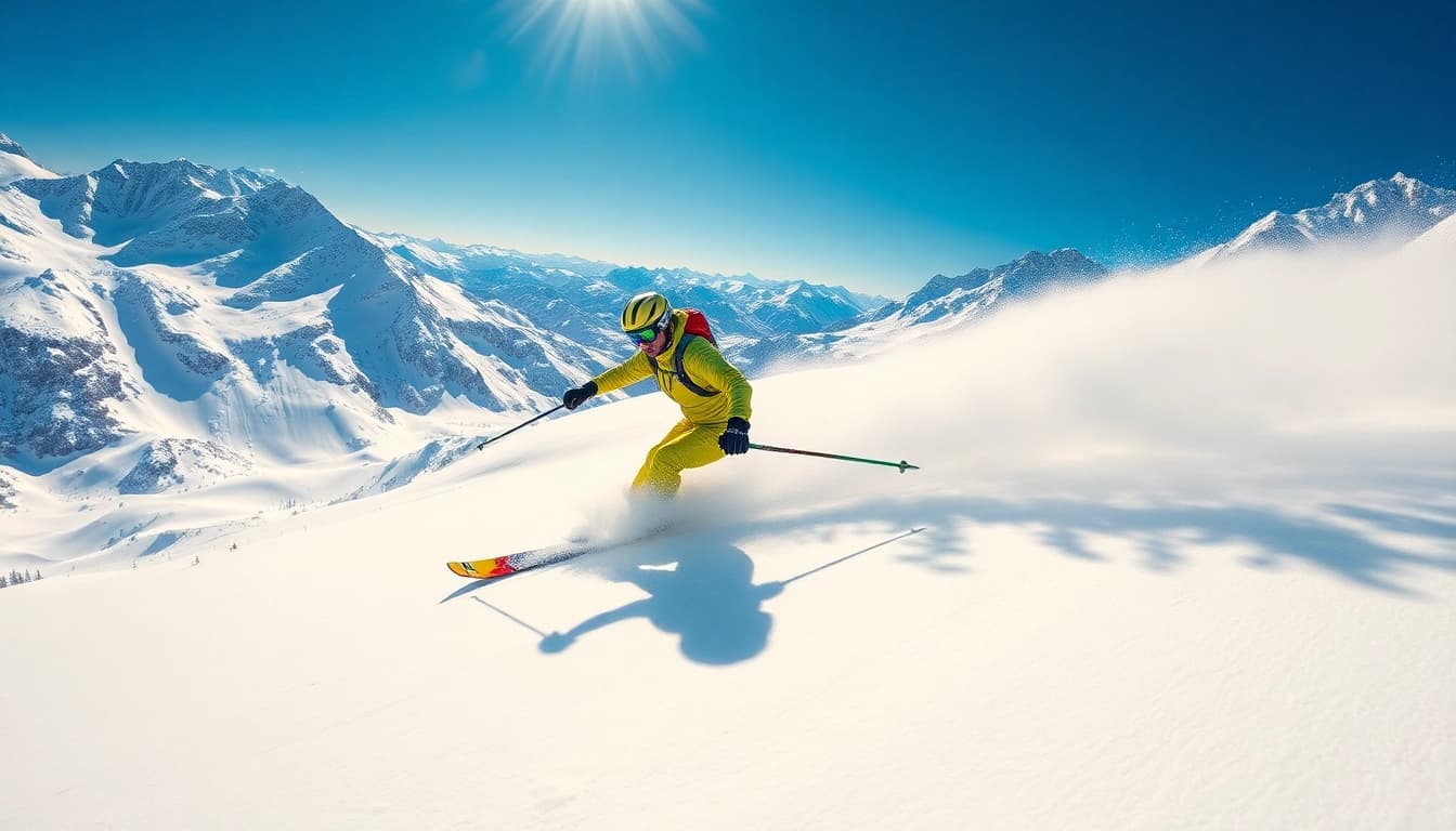 Buy skis online with vibrant gear showcased by a professional skier on scenic snowy slope.