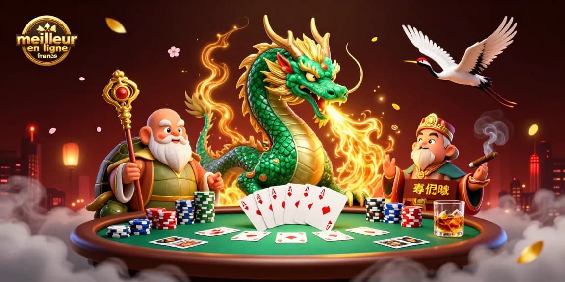 Visualisez le meilleur casino en ligne France avec un dragon, une tortue sage et des grues porte-bonheur.