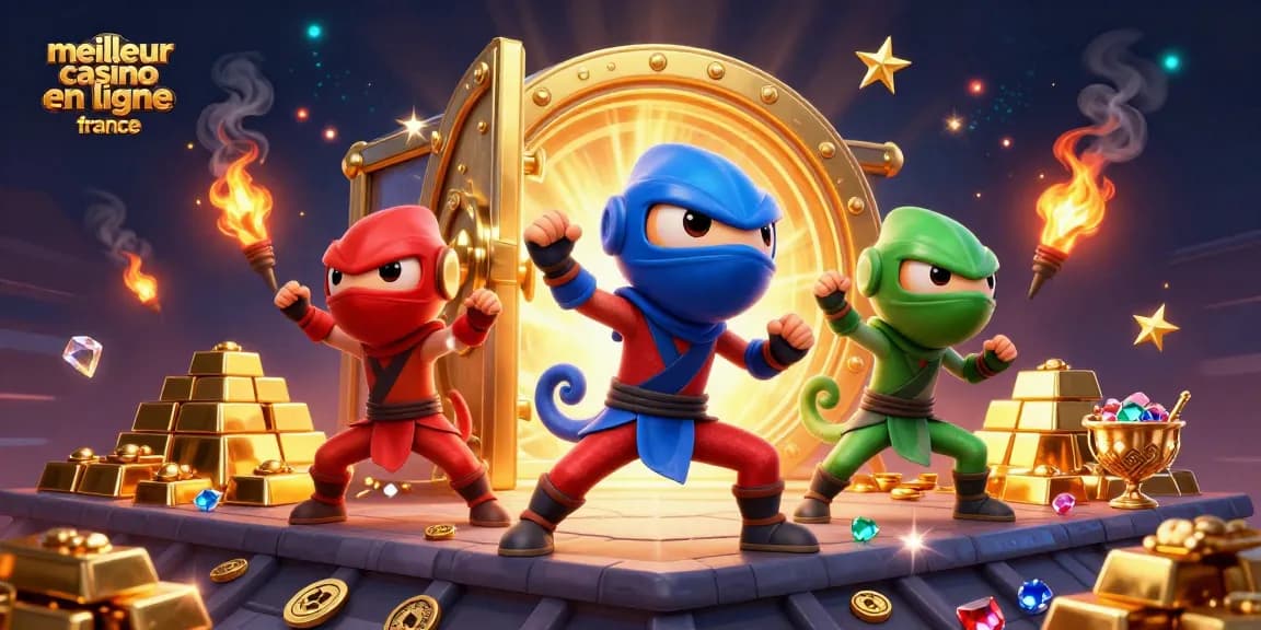 Regardez le meilleur casino en ligne France avec un trio de caméléons ninjas captivants dans un décor flashy.