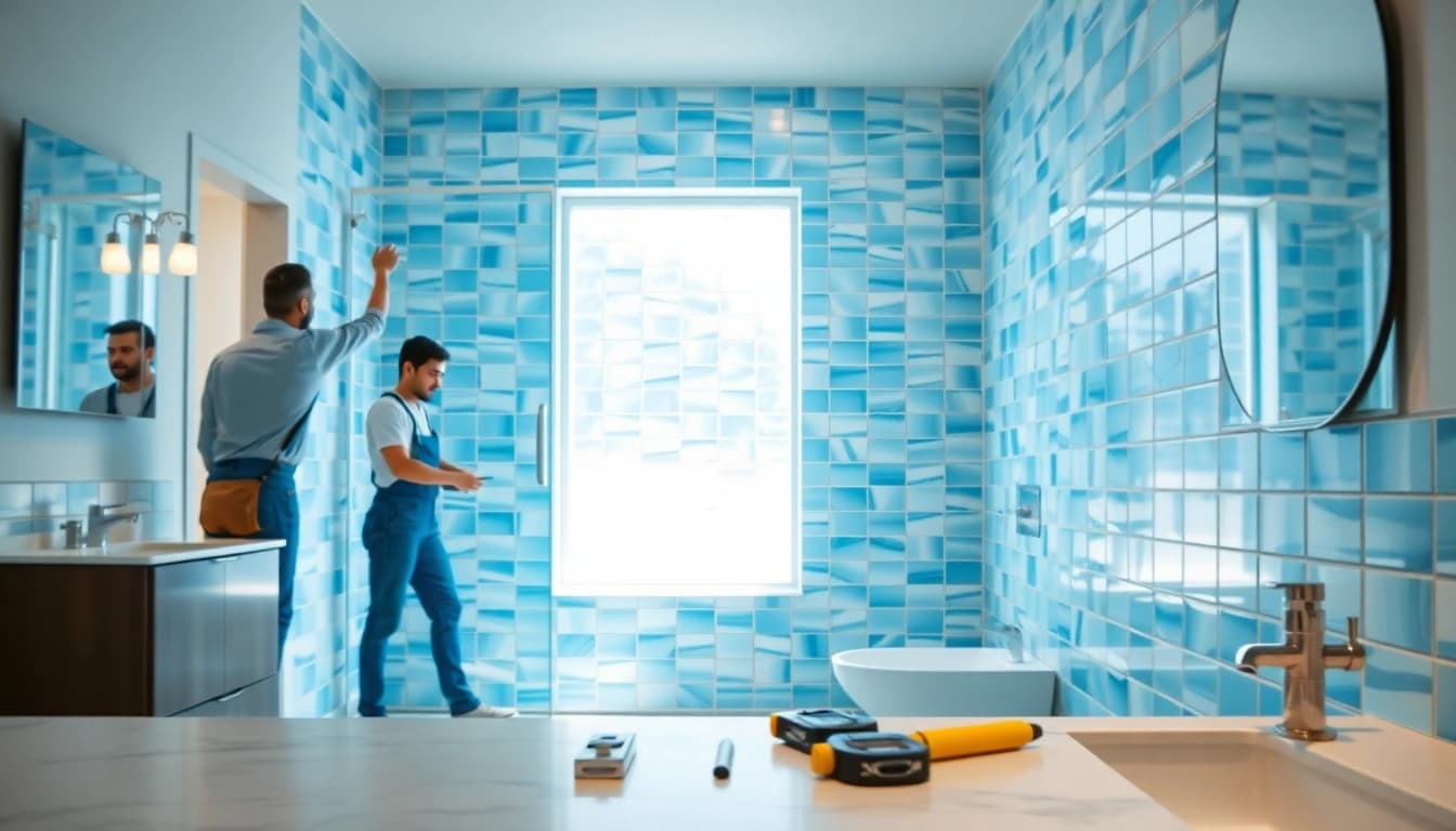 Bathroom contractors near me working diligently on a modern bathroom renovation project.