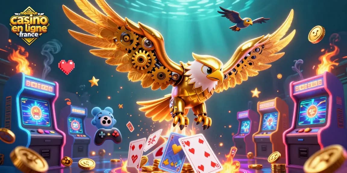 Vivez une expérience au meilleur casino en ligne France avec notre aigle cybernétique plongeant parmi des cartes holographiques.