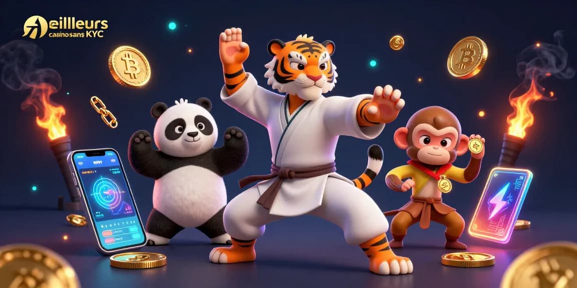 Découvrez les meilleurs casinos sans KYC avec un panda et un tigre dans une scène dynamique emplie d'éléments de jeu.