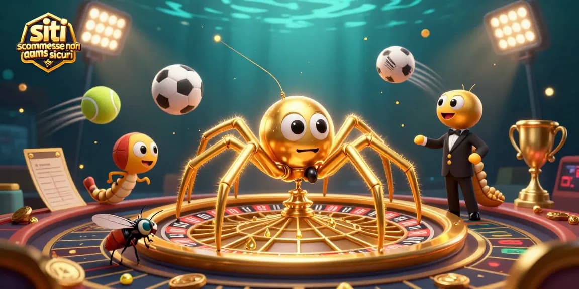 Siti scommesse non aams sicuri, volo di palle sportive con un ragno d'oro e un croupier centopiedi nel casinò