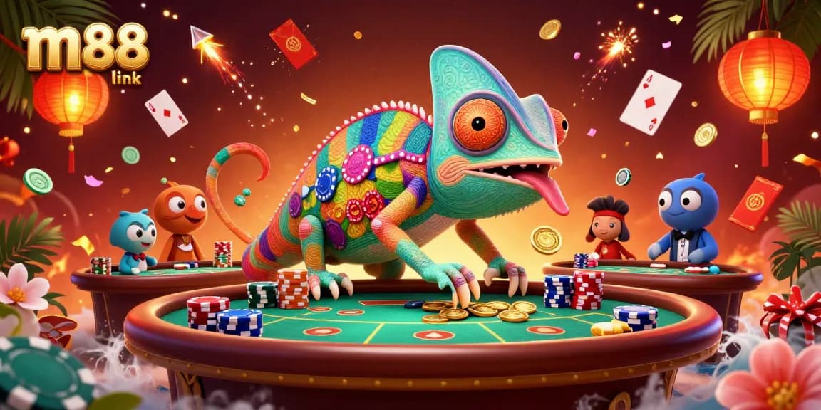 Engage in thrilling poker action with m88 link, featuring a colorful chameleon casino owner amidst vibrant elements.