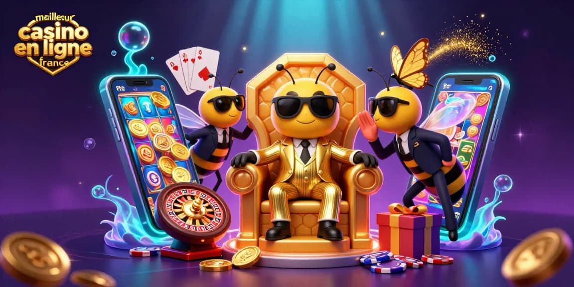 Meilleur casino en ligne France : illustration d'un mob boss abeille gérant des jeux de casino.