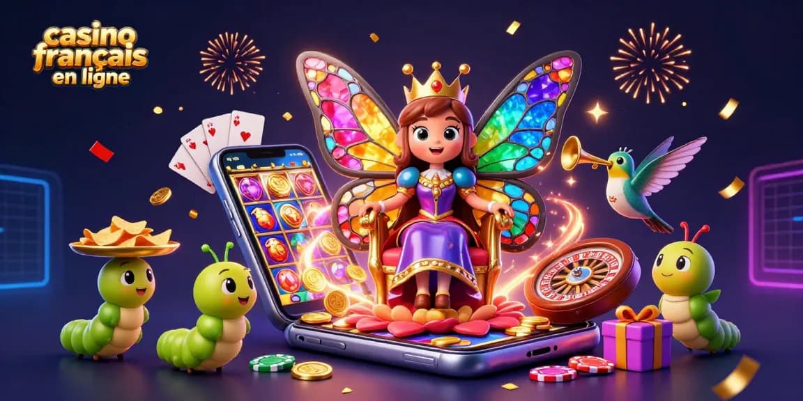 Un scénario dynamique illustrant l'univers du casino francais en ligne avec une reine papillon.