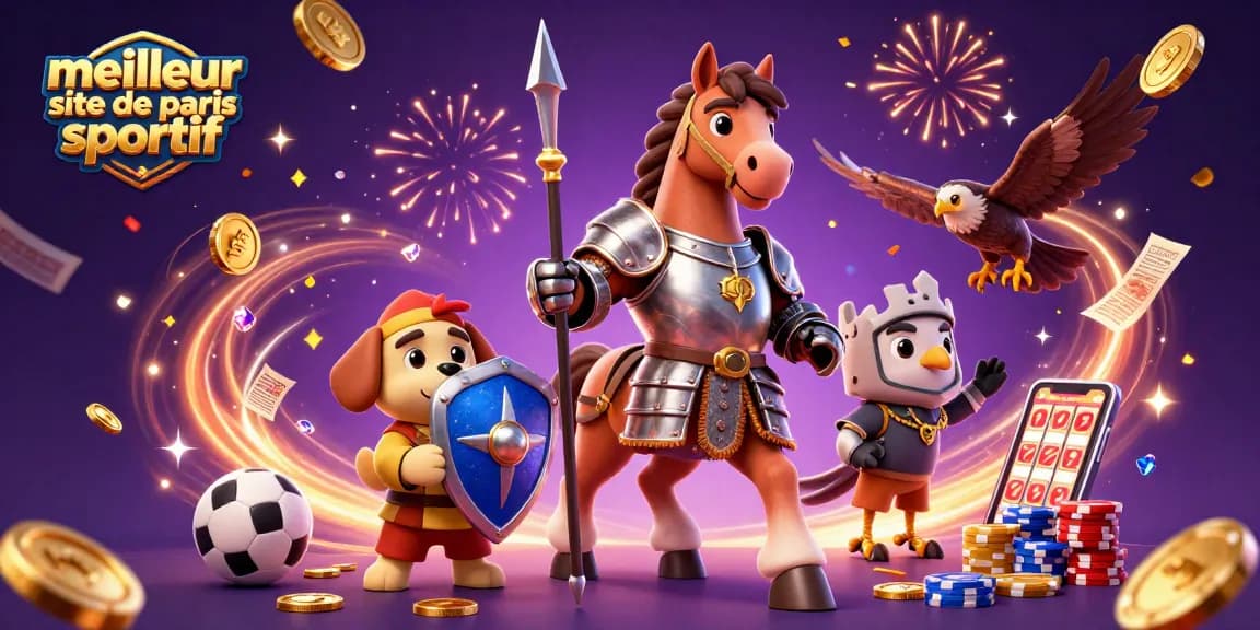 Illustration dynamique illustrant le meilleur site de paris sportif avec des personnages médiévaux et des éléments de jeu.