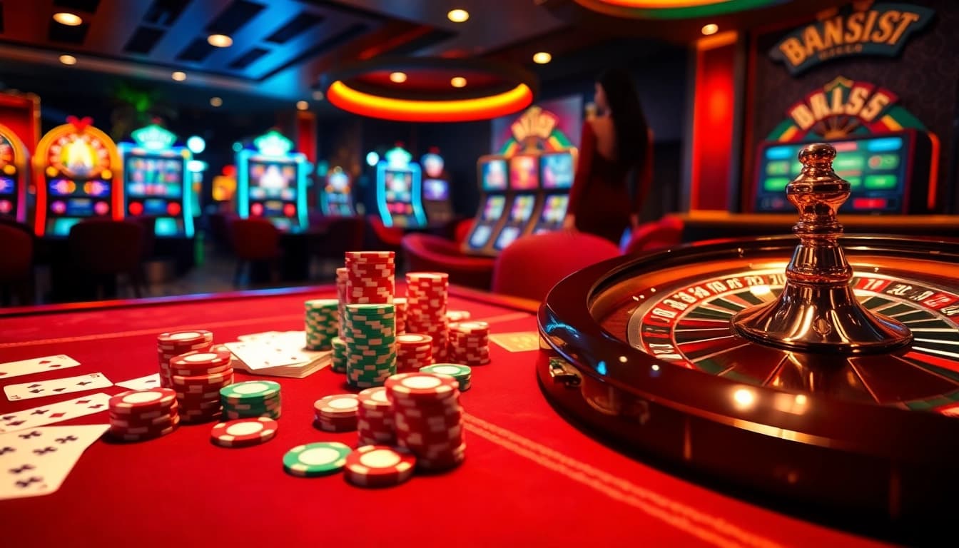 Engage in thrilling gameplay at trang chủ BL555 with vibrant casino tables, cards, and poker chips.