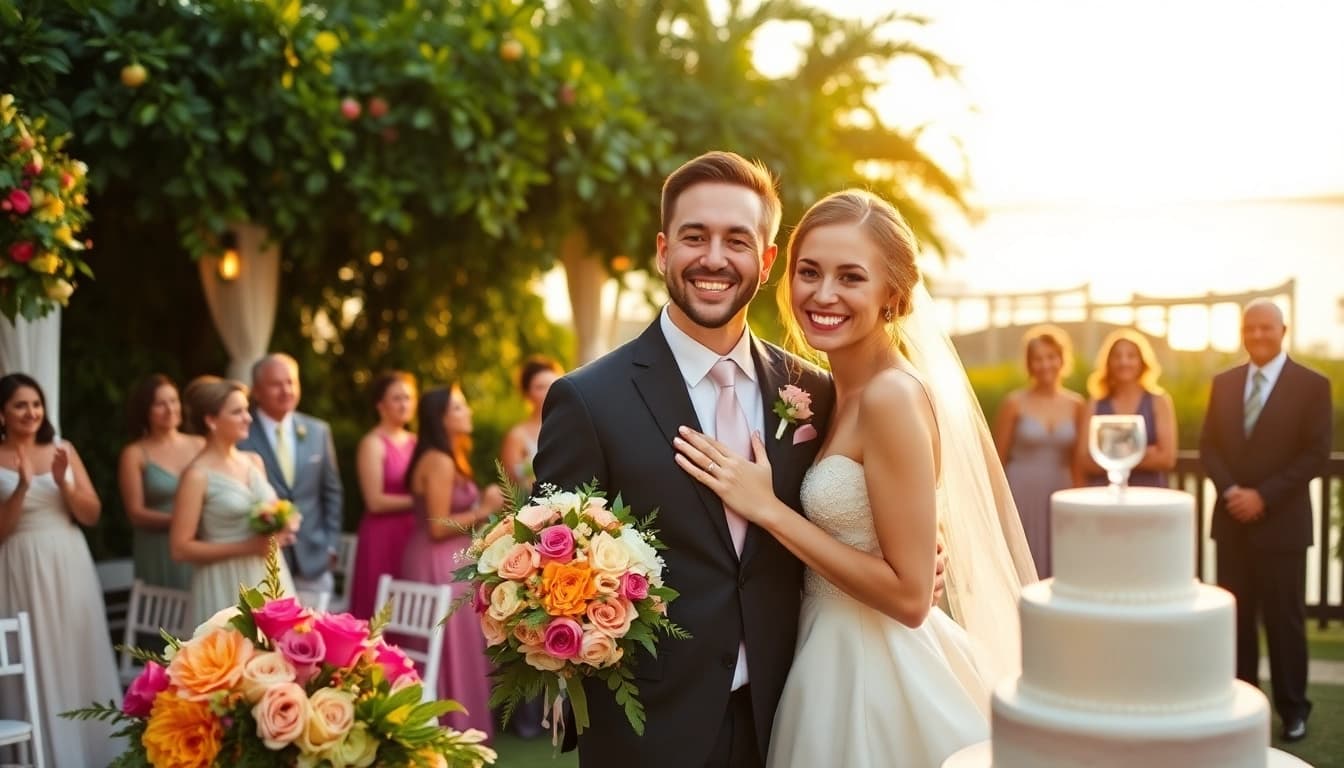 Stunning wedding photography in Tampa capturing a joyful couple surrounded by lush greenery and warm sunlight.