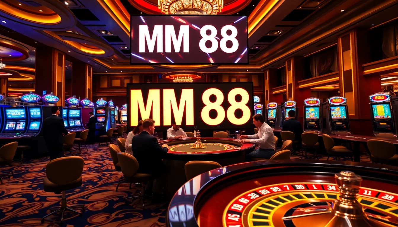 Exciting gambling scene featuring MM 88 at a luxurious casino, showcasing vibrant roulette and slot machines.