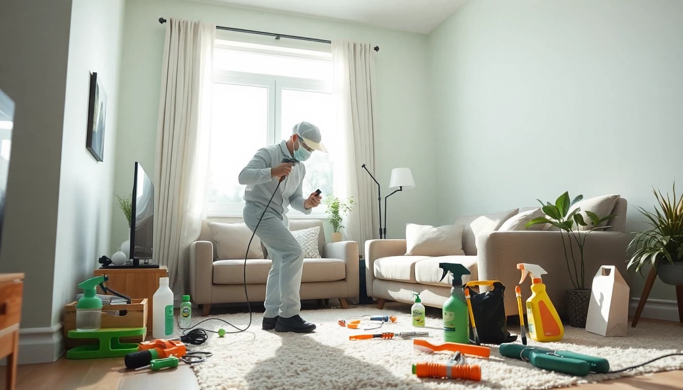 Fast insect control service by a professional technician applying eco-friendly treatment in a home setting.