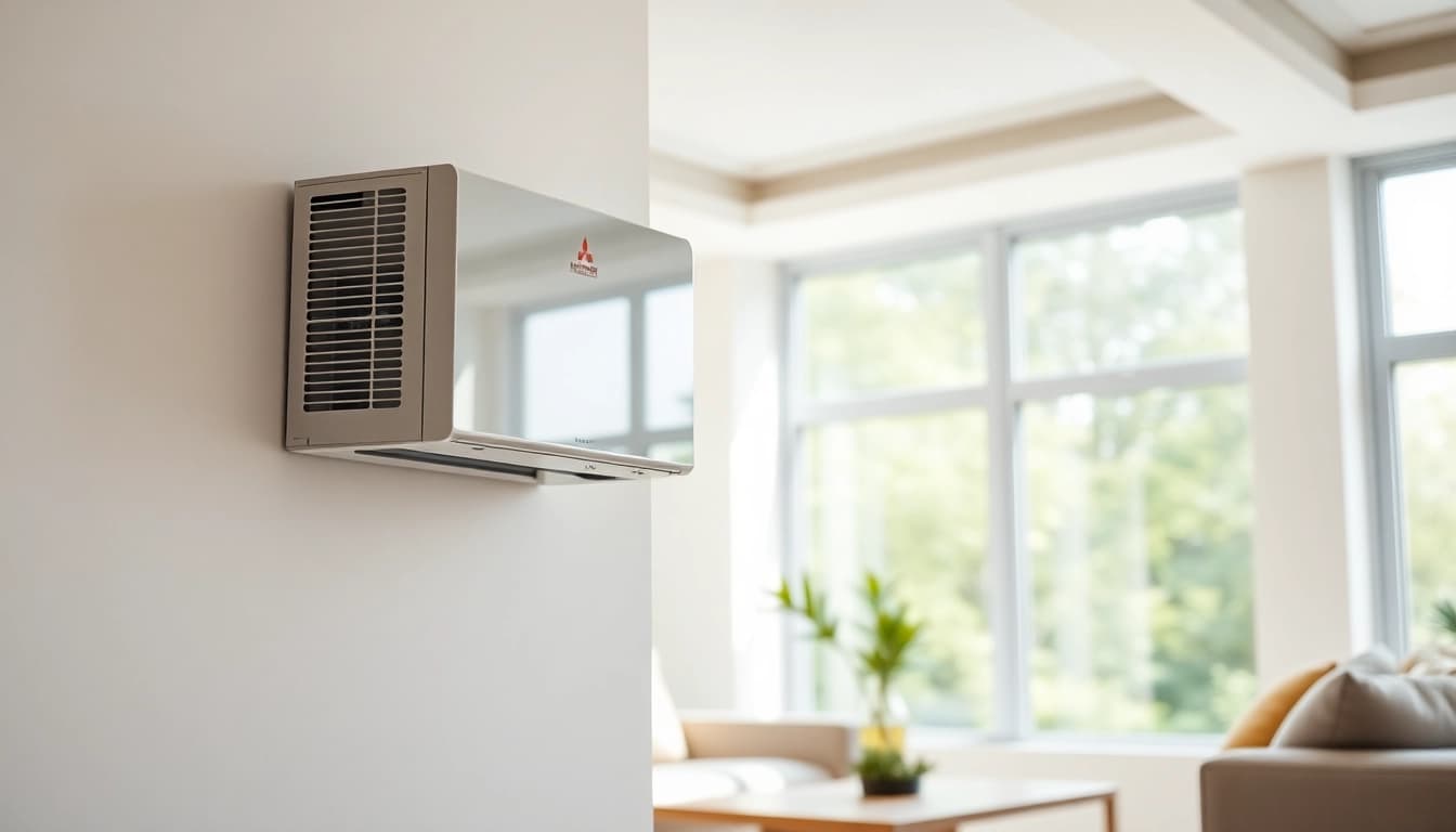 Install a mitsubishi mini split ac system in a modern living room with natural lighting.
