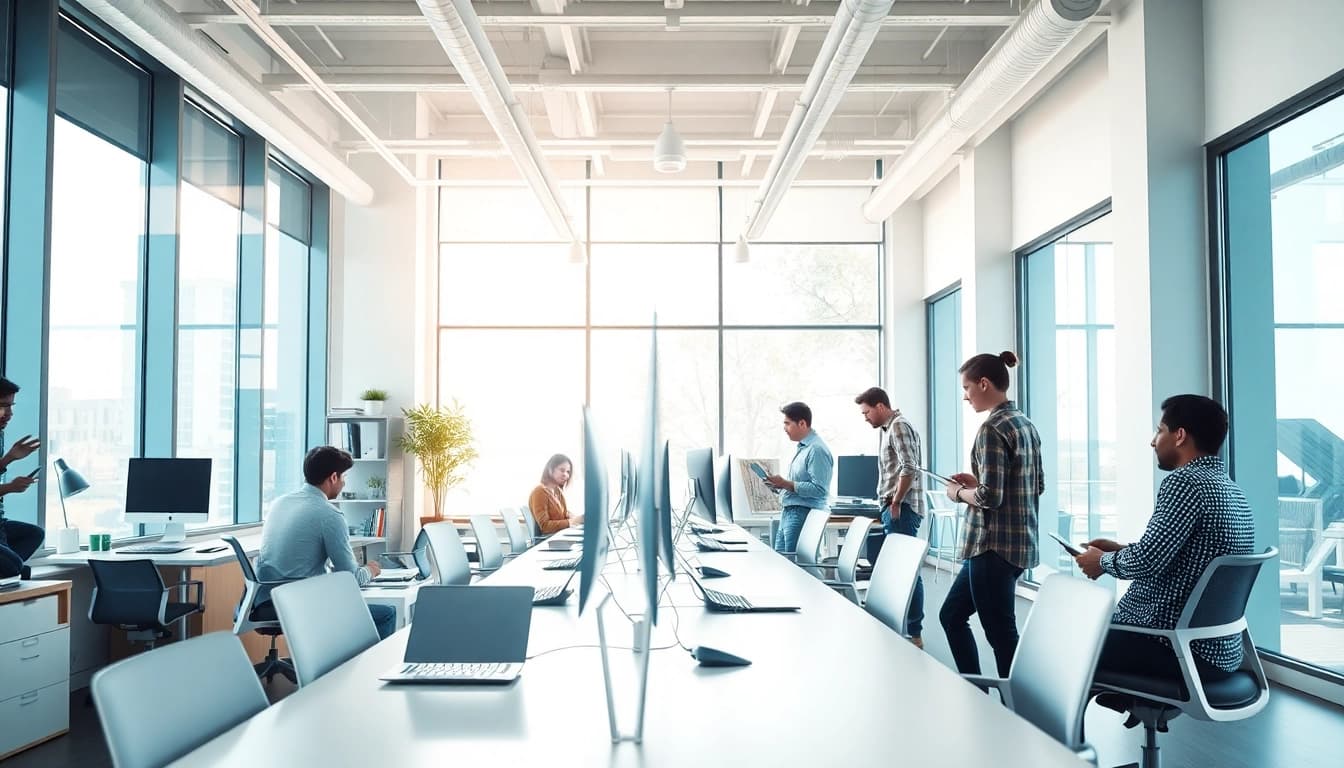 Web design company team collaborating in a modern workspace with technology and creativity.