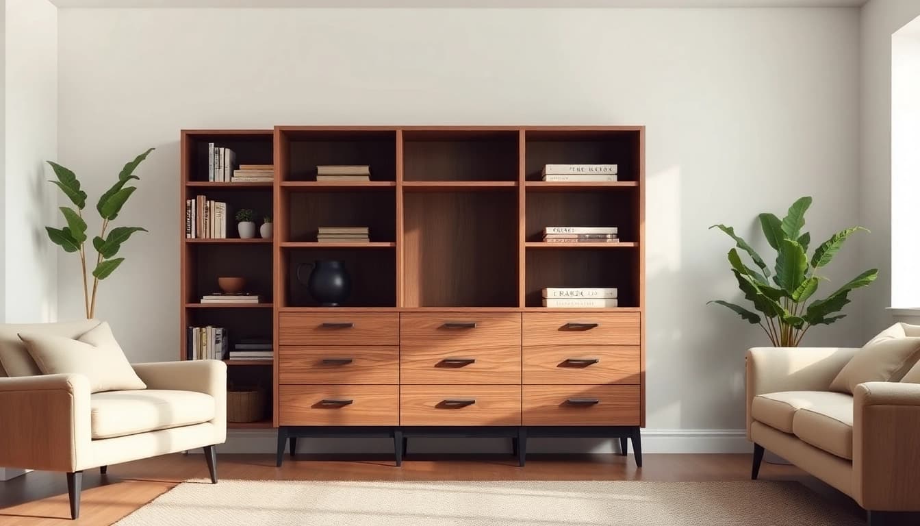 Storage cabinet showcases elegant design and functionality in a cozy living room setting.
