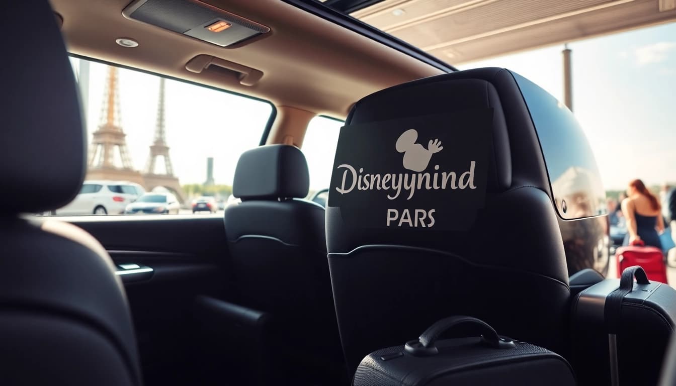 Experience Disneyland Paris airport transfer services with a luxurious vehicle in a vibrant Paris setting.