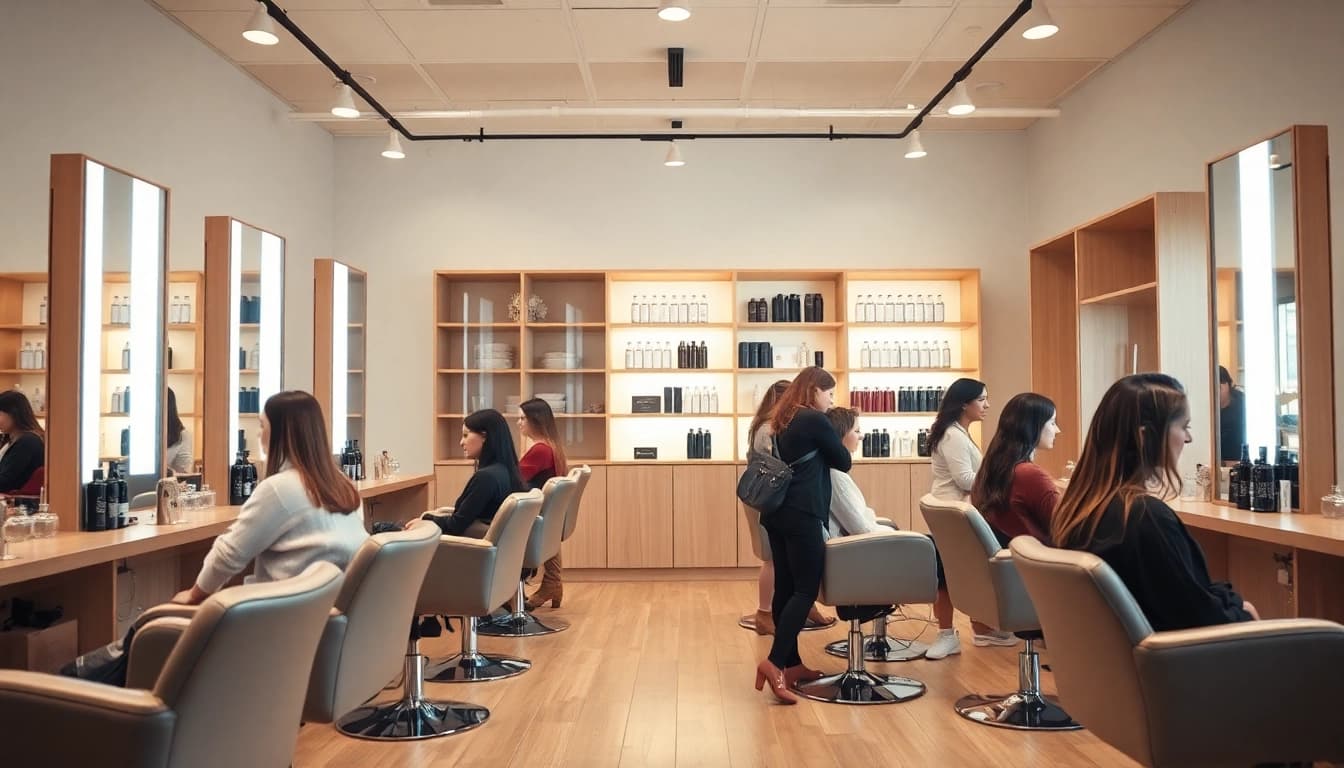 Omnia Salon's inviting interior showcasing hairstyling services and Aveda products.