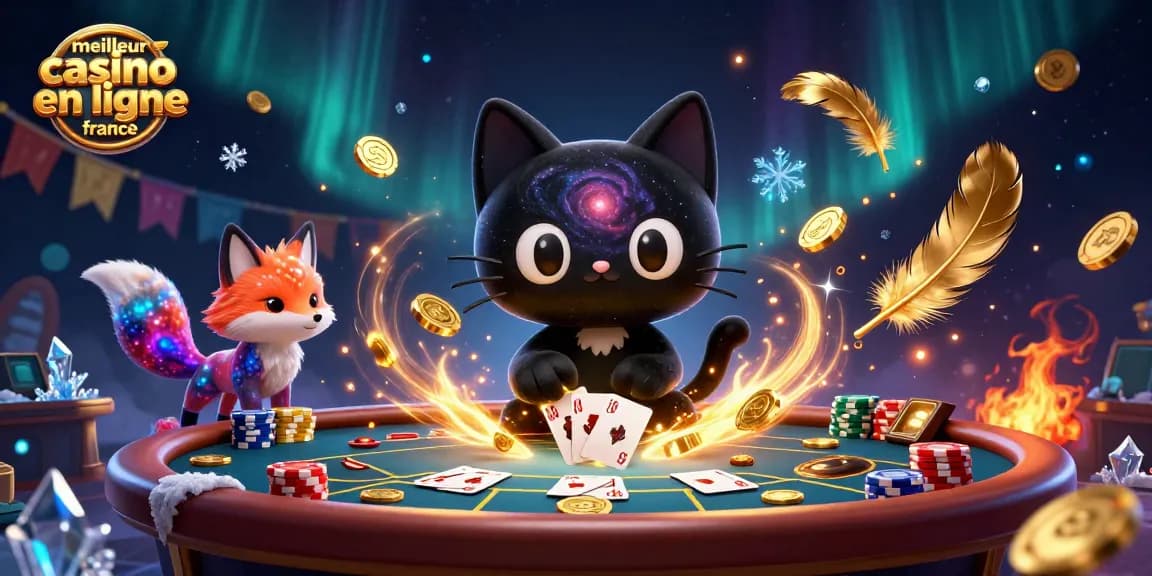 Le meilleur casino en ligne France vous plonge dans un univers coloré avec un chat noir de trou noir et un renard nébuleux.
