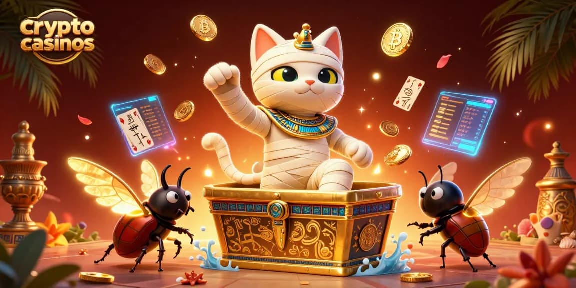 Illustration dynamique de crypto casinos avec un chat momie égyptien et un scarabée doré