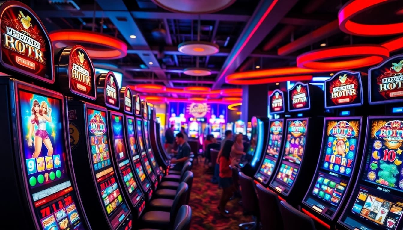 Menampilkan slot mesin dengan desain berwarna-warni dan suasana kasino yang meriah.