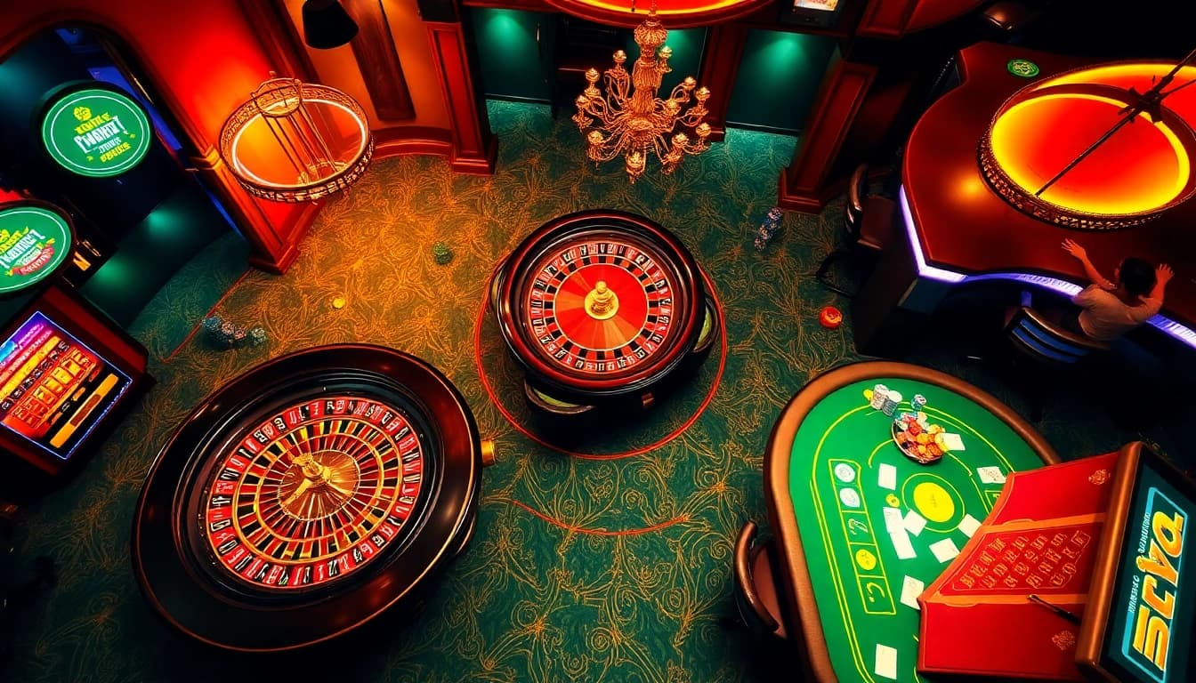 Exciting casino scene showcasing shbet games, poker tables, and roulette wheel in a luxurious setting.
