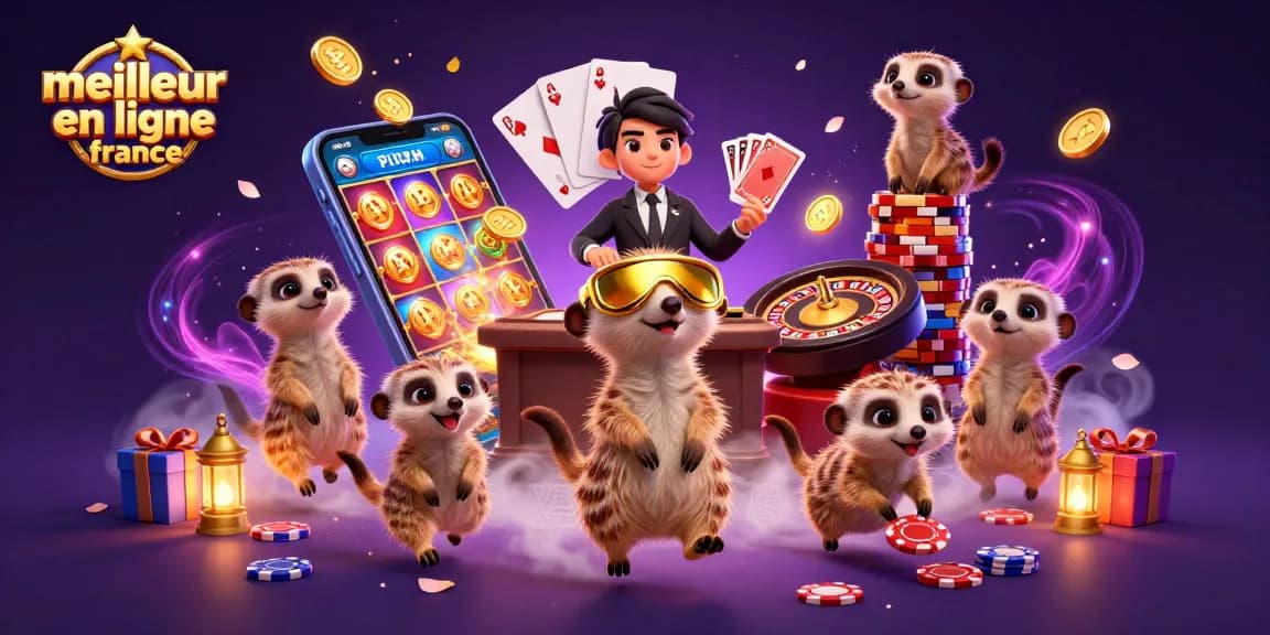Illustration animée de suricates gérant un casino, représentant le meilleur casino en ligne France.