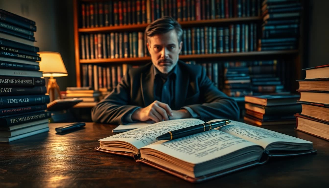 Thriller author writing notes at a vintage desk amidst suspenseful novels.