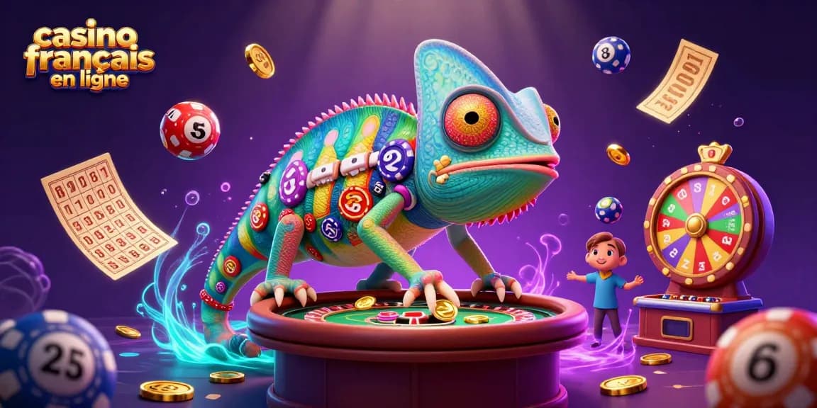 Gagnez au casino français en ligne avec un propriétaire caméléon entouré de loteries et de gains.
