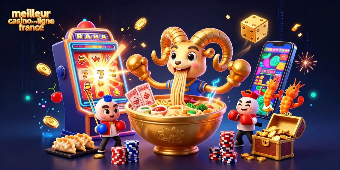 Meilleur casino en ligne France avec un bol de ramen géant jouant des cartes et des jetons dans une illustration dynamique