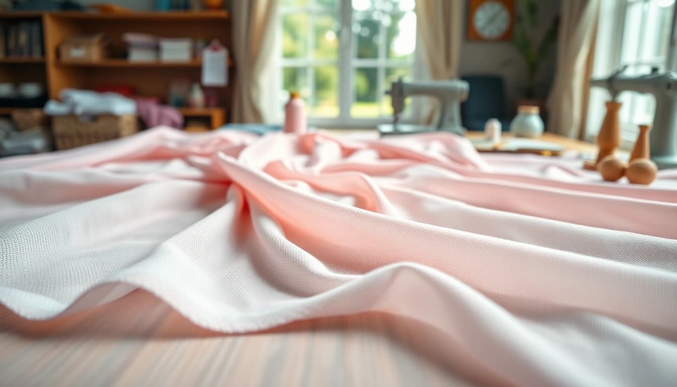 Mousseline stof met delicate texturen en zachte kleuren op een houten tafel.