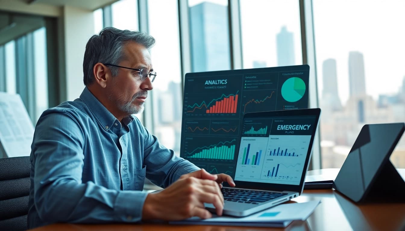 Engaging crisis management consultant analyzing data in an office environment.