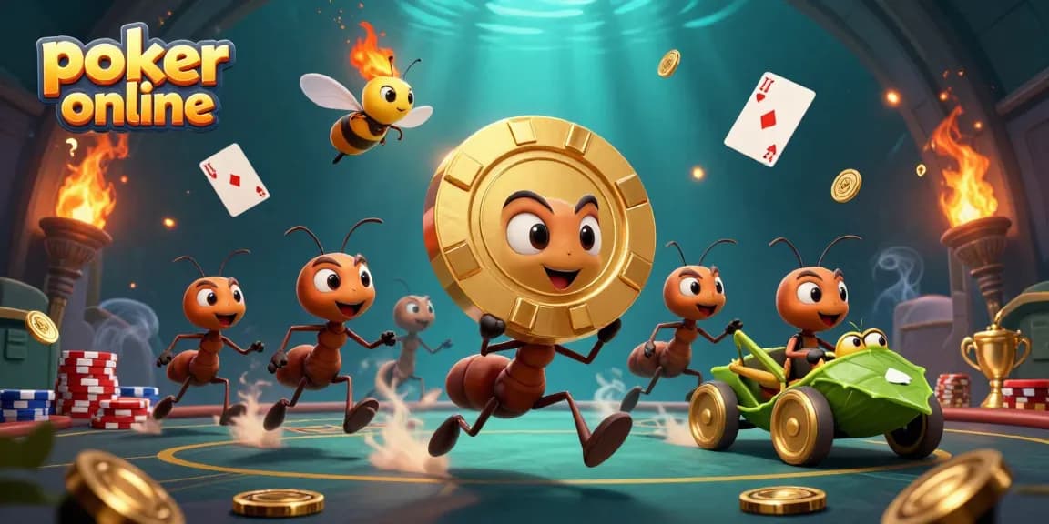 Jouez au poker en ligne avec des fourmis animées transportant un jeton d'or géant, illustration captivante.