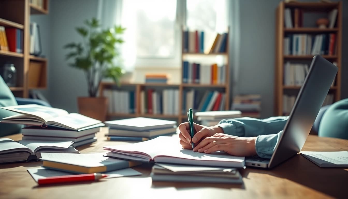 Nursing paper writing services in a serene environment, showcasing a student writing with focus.