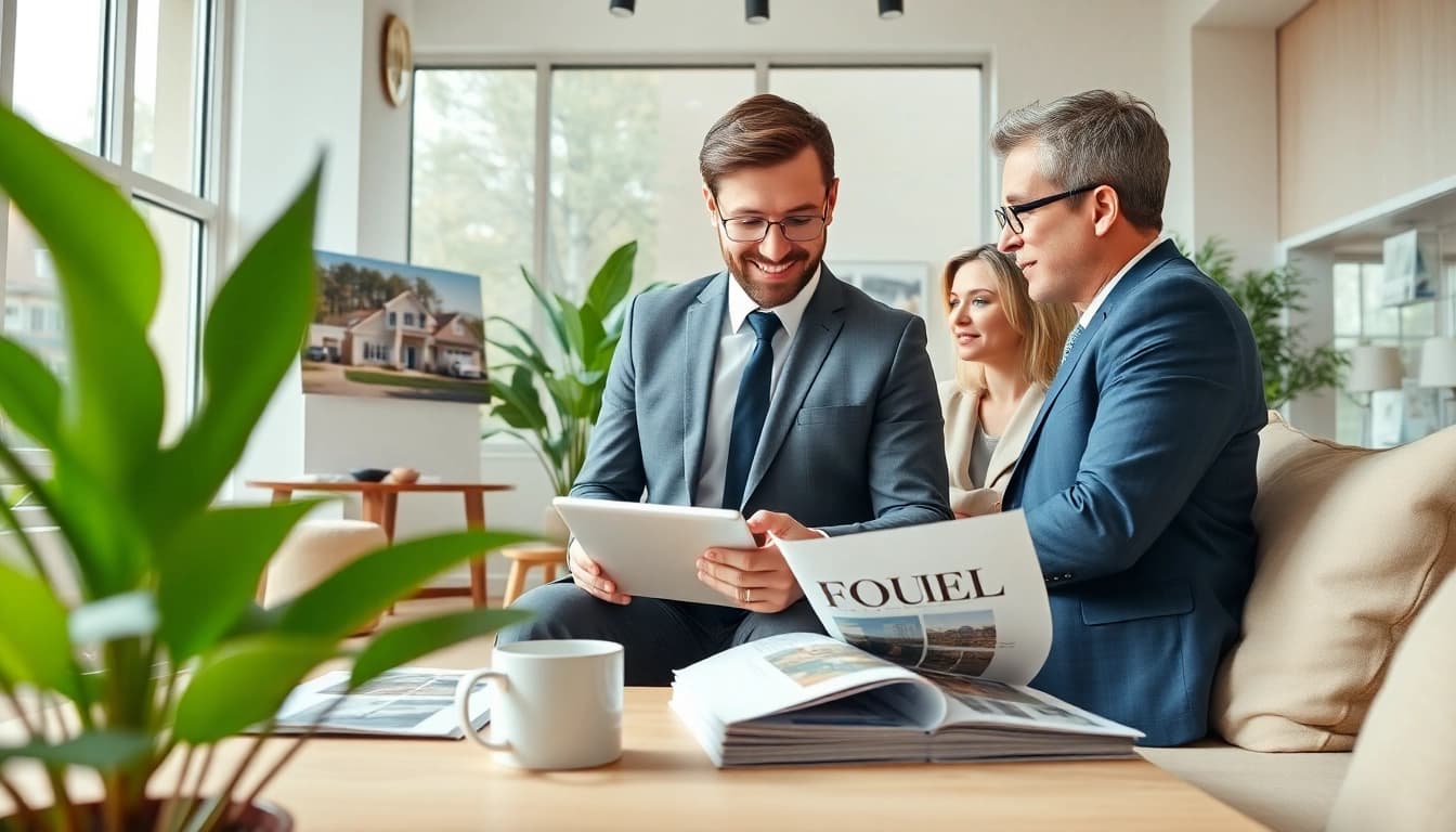 Engaging real estate agent consulting clients in a modern office filled with listings.