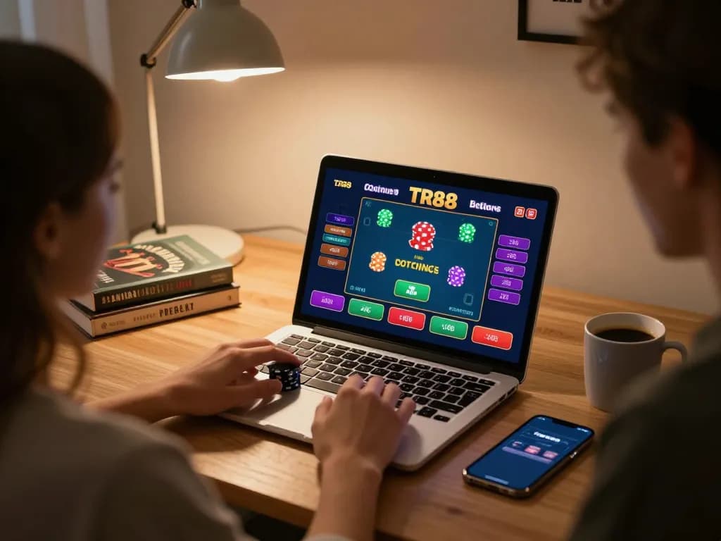Engaging in TR88 online betting with a comfortable home gaming setup featuring a laptop and strategy notes