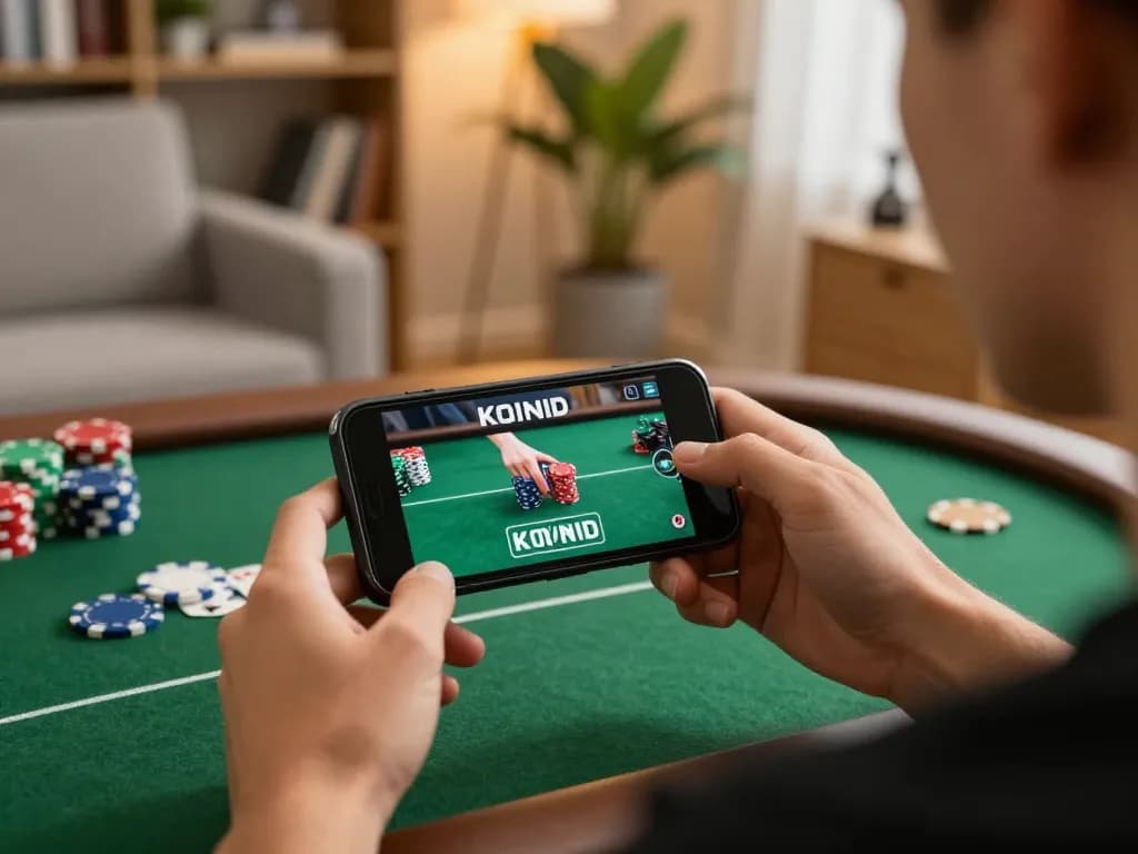 KOINID user plays poker on a smartphone in a cozy home environment with strategic game display